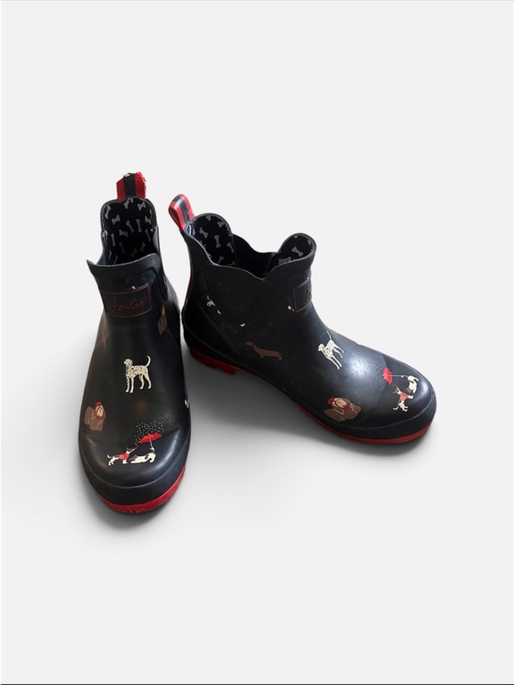 Joules Wellibob Short Rain Boots Black Novelty Dog Print Red Trim Women’s Sz 8